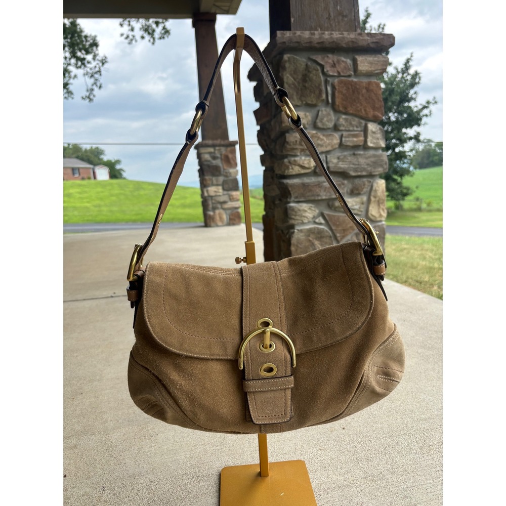 Vintage Y2K Coach Soho Buckle Flap Bag Tan Suede Leather Trim Shoulder Bag